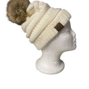 CC Exclusives WOMEN'S PRINT CABLE KNIT Cream POM POM FUR BEANIE HAT Winter Fall